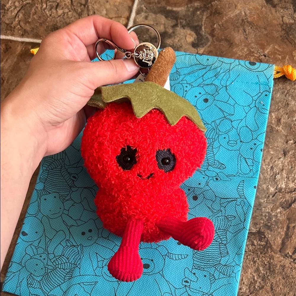 Red candy apple  Plush Keychain with Green Leaf and Brown Stem
